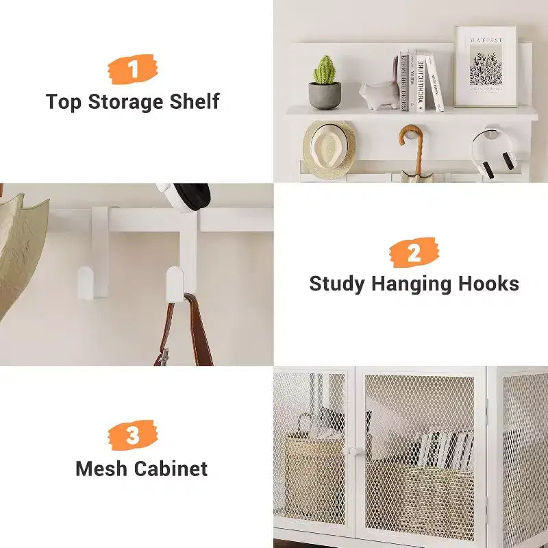 Acekool Meuble d'entrée avec Portes, Portemanteau Étroit et Rangement Chaussures 185 cm, Organisateur d'entrée avec 7 Crochets, Étagères et Armoire Grillagée, Blanc