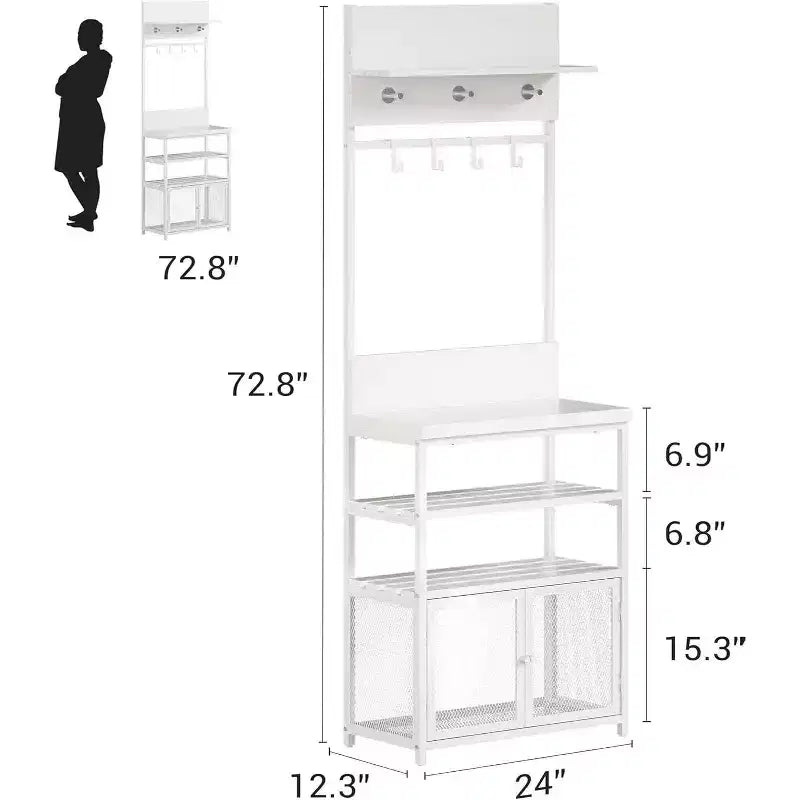 Acekool Meuble d'entrée avec Portes, Portemanteau Étroit et Rangement Chaussures 185 cm, Organisateur d'entrée avec 7 Crochets, Étagères et Armoire Grillagée, Blanc