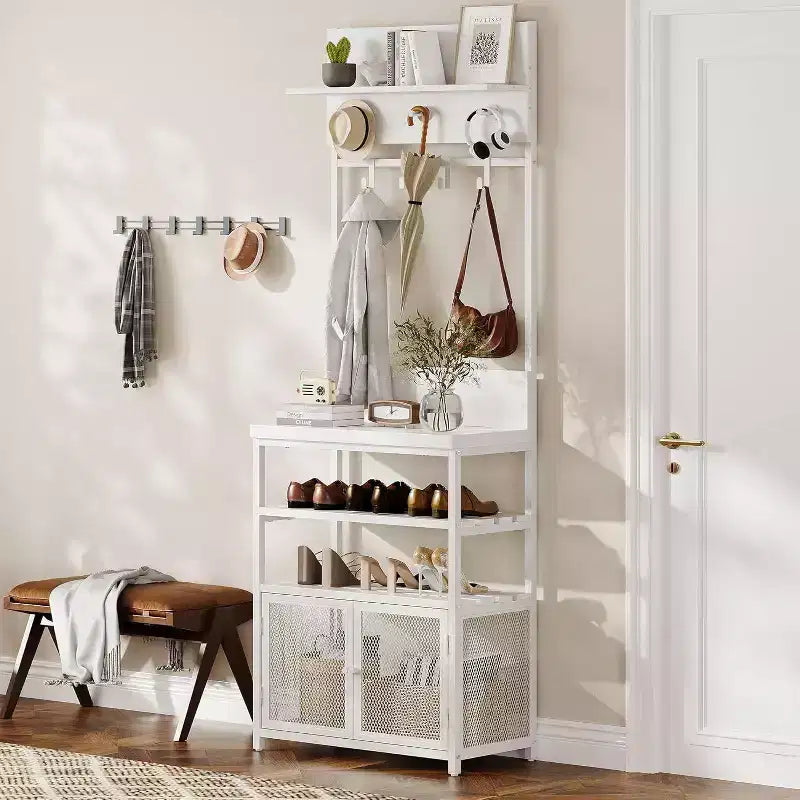 Acekool Meuble d'entrée avec Portes, Portemanteau Étroit et Rangement Chaussures 185 cm, Organisateur d'entrée avec 7 Crochets, Étagères et Armoire Grillagée, Blanc
