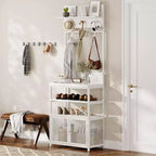 Acekool Meuble d'entrée avec Portes, Portemanteau Étroit et Rangement Chaussures 185 cm, Organisateur d'entrée avec 7 Crochets, Étagères et Armoire Grillagée, Blanc