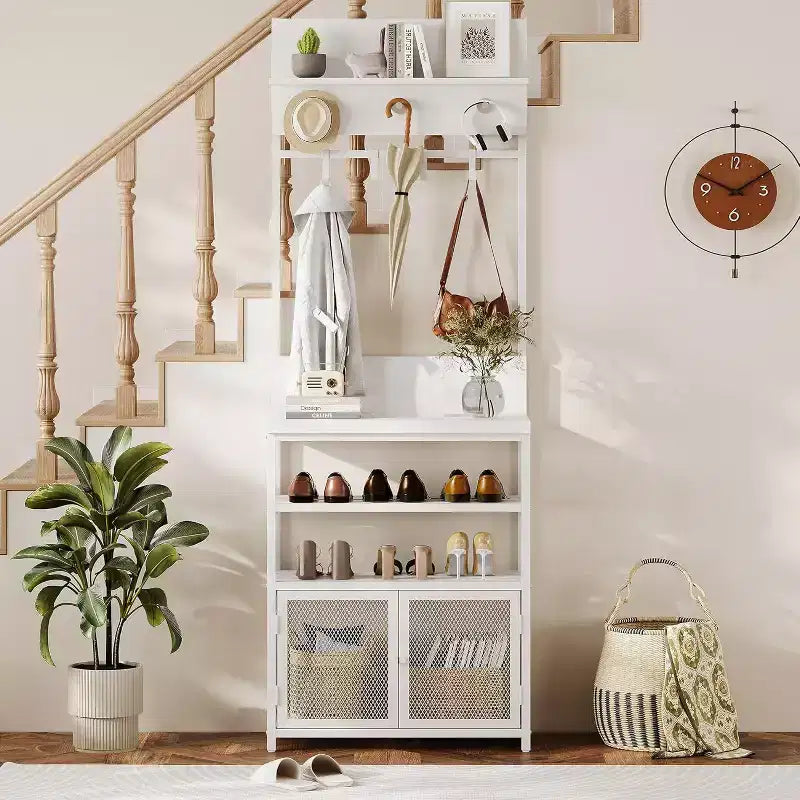 Acekool Meuble d'entrée avec Portes, Portemanteau Étroit et Rangement Chaussures 185 cm, Organisateur d'entrée avec 7 Crochets, Étagères et Armoire Grillagée, Blanc