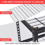 Étagère de garage de 48 pouces, capacité de 2500 livres, unité de rayonnage robuste pour garage, étagères de rangement métalliques réglables, étagère utilitaire industrielle à 5 niveaux