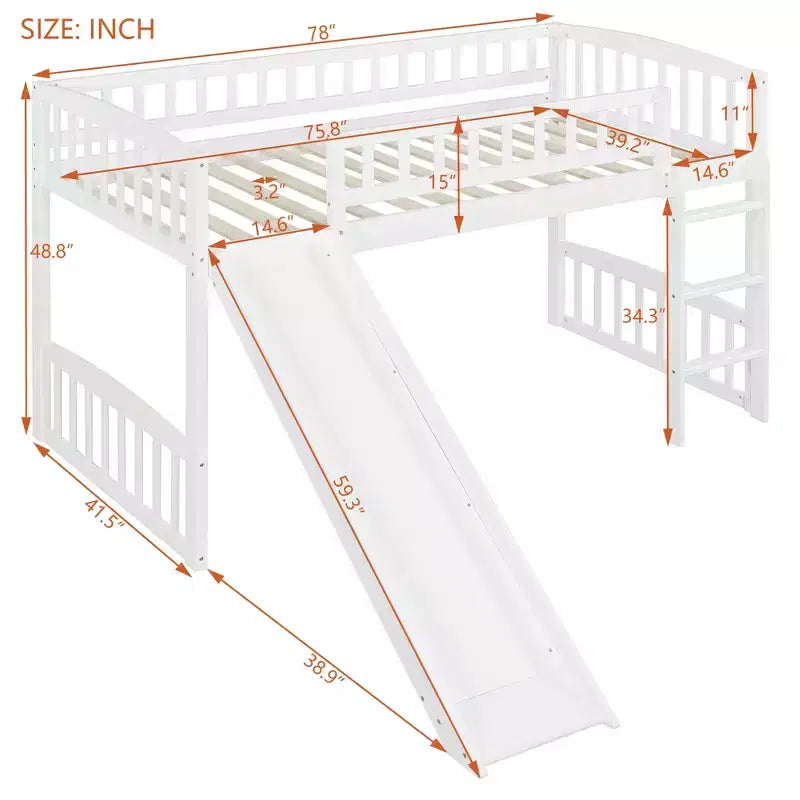 Lit mezzanine jumeau Bellemave avec toboggan et échelle, lit mezzanine bas pour enfants, lit mezzanine en bois, pour garçons et filles, blanc