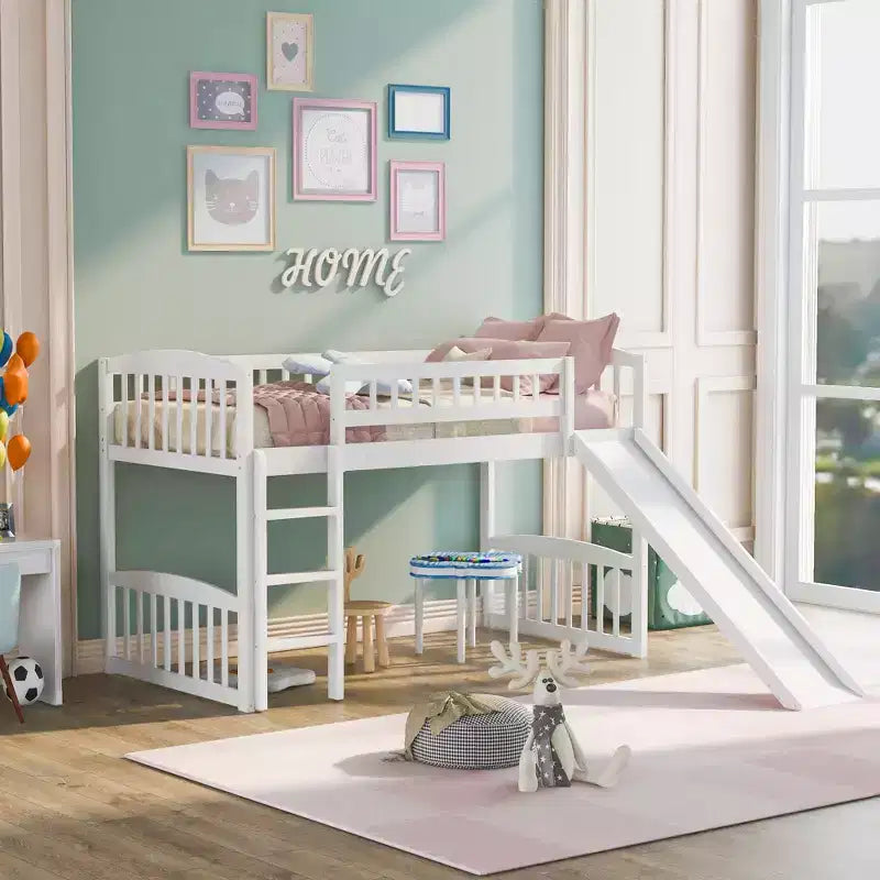 Lit mezzanine jumeau Bellemave avec toboggan et échelle, lit mezzanine bas pour enfants, lit mezzanine en bois, pour garçons et filles, blanc