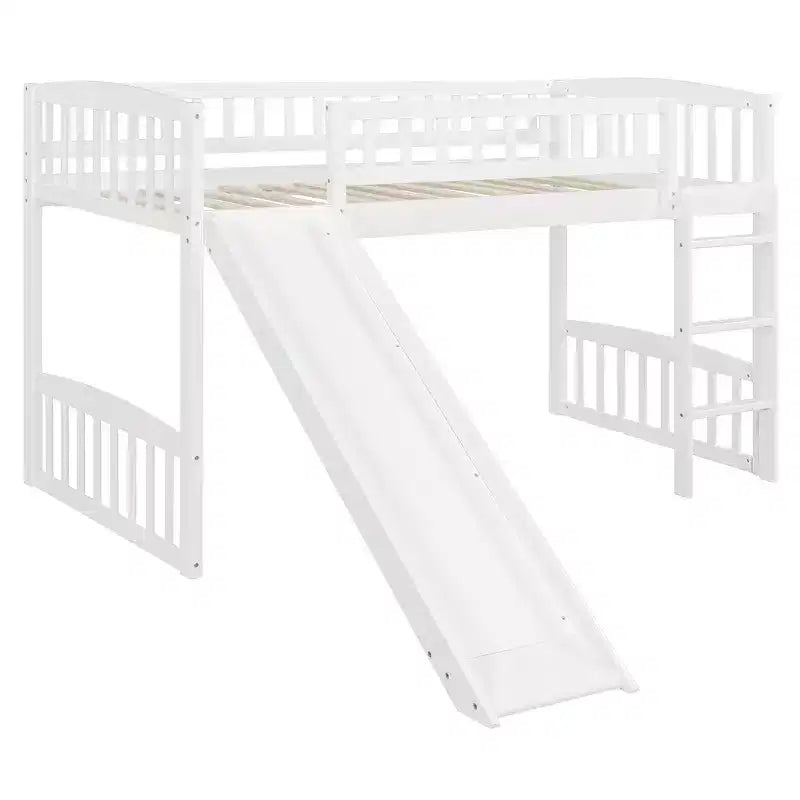 Lit mezzanine jumeau Bellemave avec toboggan et échelle, lit mezzanine bas pour enfants, lit mezzanine en bois, pour garçons et filles, blanc