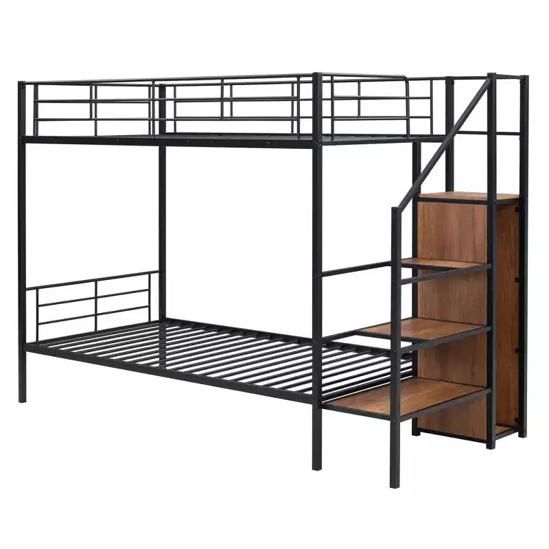 Bellemave Lit superposé en métal avec échelle latérale de rangement et armoire, noir