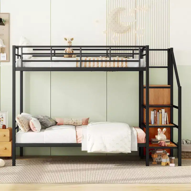 Bellemave Lit superposé en métal avec échelle latérale de rangement et armoire, noir