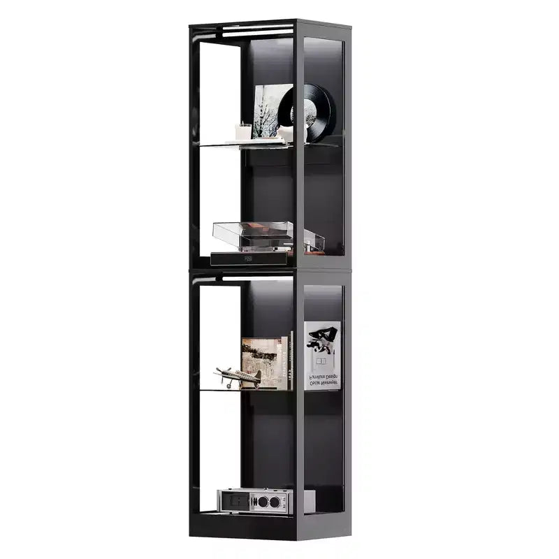 AMERLIFE Display Cabinet with Glass Doors, RGB Lights, 4-Tier Storage, Adjustable Shelves, MDF & Tempered Glass, Black