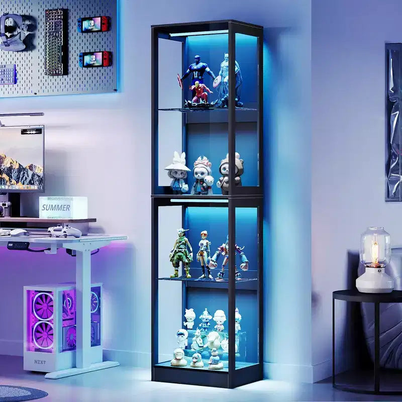 AMERLIFE Vitrine avec portes en verre, lumières RVB, 4 niveaux de rangement, étagères réglables, MDF et verre trempé, noir