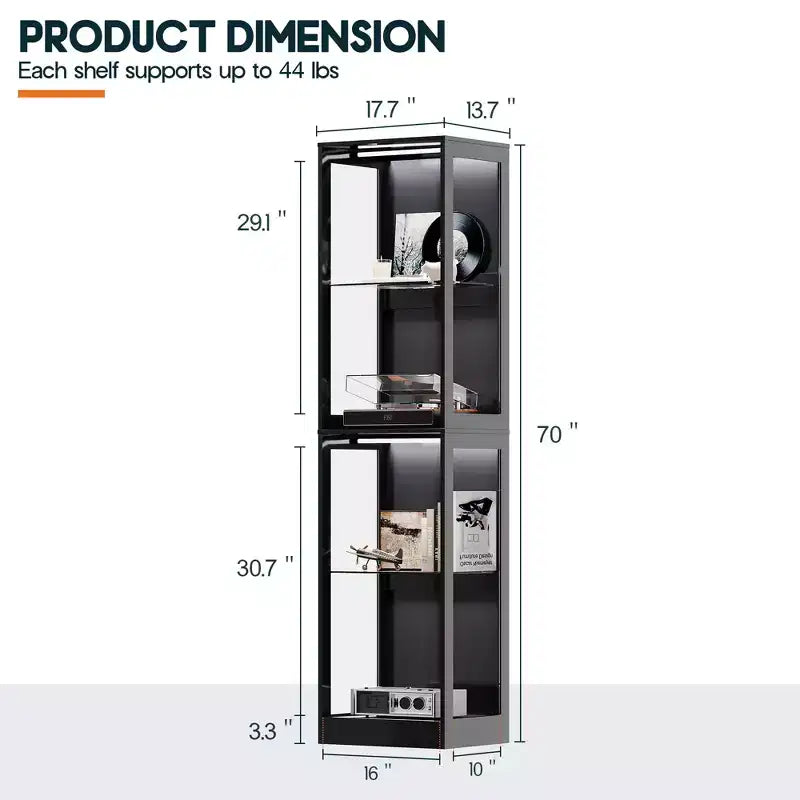 AMERLIFE Vitrine avec portes en verre, lumières RVB, 4 niveaux de rangement, étagères réglables, MDF et verre trempé, noir