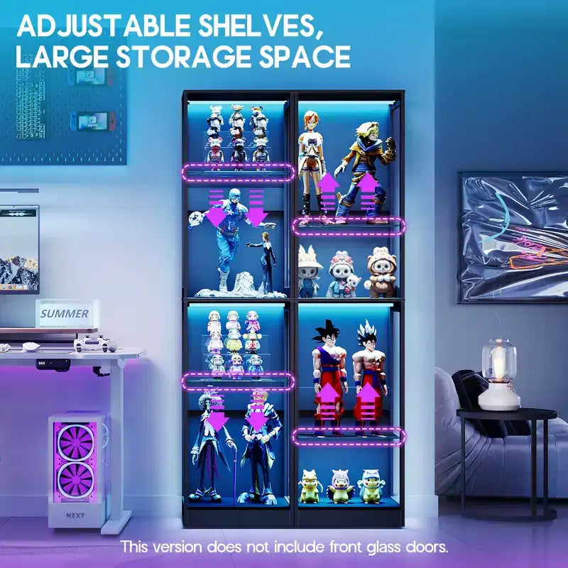AMERLIFE Vitrine avec portes en verre, lumières RVB, 4 niveaux de rangement, étagères réglables, MDF et verre trempé, noir