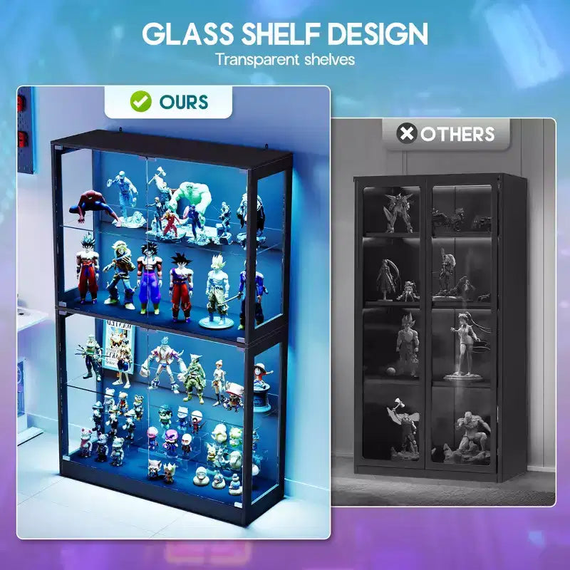 AMERLIFE Vitrine avec portes en verre, lumières RVB, 4 niveaux de rangement, étagères réglables, MDF et verre trempé, noir