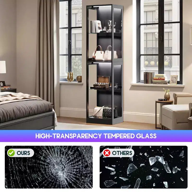 AMERLIFE Vitrine avec portes en verre, lumières RVB, 4 niveaux de rangement, étagères réglables, MDF et verre trempé, noir