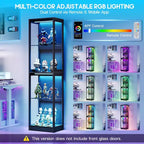 AMERLIFE Vitrine avec portes en verre, lumières RVB, 4 niveaux de rangement, étagères réglables, MDF et verre trempé, noir