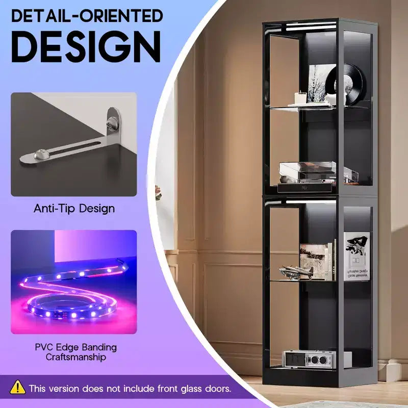 AMERLIFE Vitrine avec portes en verre, lumières RVB, 4 niveaux de rangement, étagères réglables, MDF et verre trempé, noir
