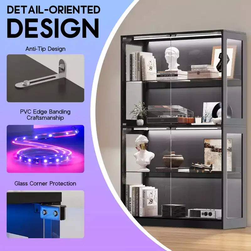 AMERLIFE Vitrine avec portes en verre, lumières RVB, 4 niveaux de rangement, étagères réglables, MDF et verre trempé, noir