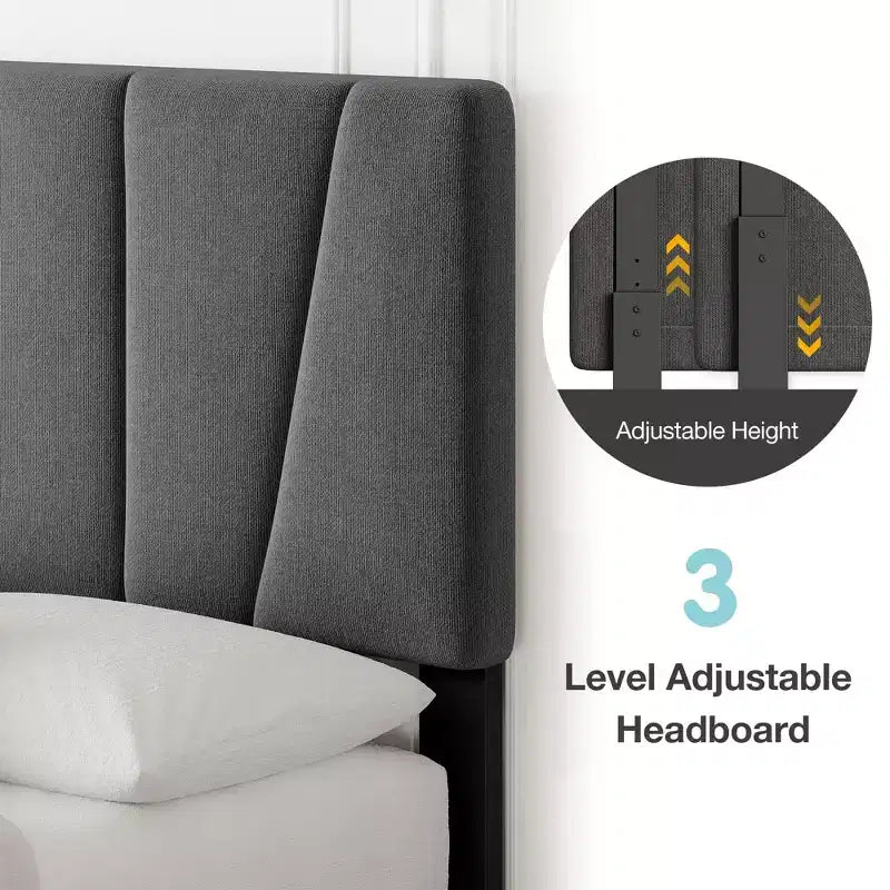 Cadre de lit Coolmee lit double/complet/Queen/King size avec tête de lit réglable, cadre de lit plateforme rembourré en lin avec lattes en bois solides