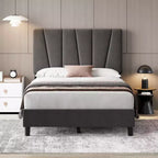 Cadre de lit Coolmee lit double/complet/Queen/King size avec tête de lit réglable, cadre de lit plateforme rembourré en lin avec lattes en bois solides