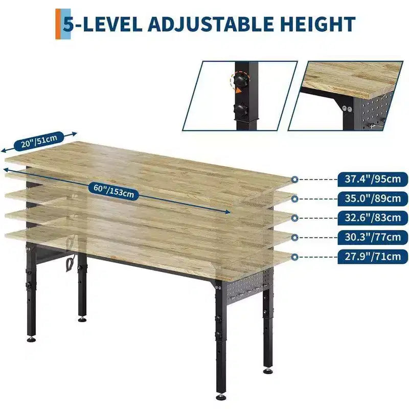 Établi d'atelier en bois robuste et réglable, établi de 152,4 cm avec prise de courant