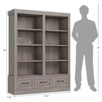 Étagère de 178 cm de haut avec 3 tiroirs de rangement, Bibliothèque haute avec double étagère ouverte à 3 niveaux, Grande bibliothèque profonde en bois