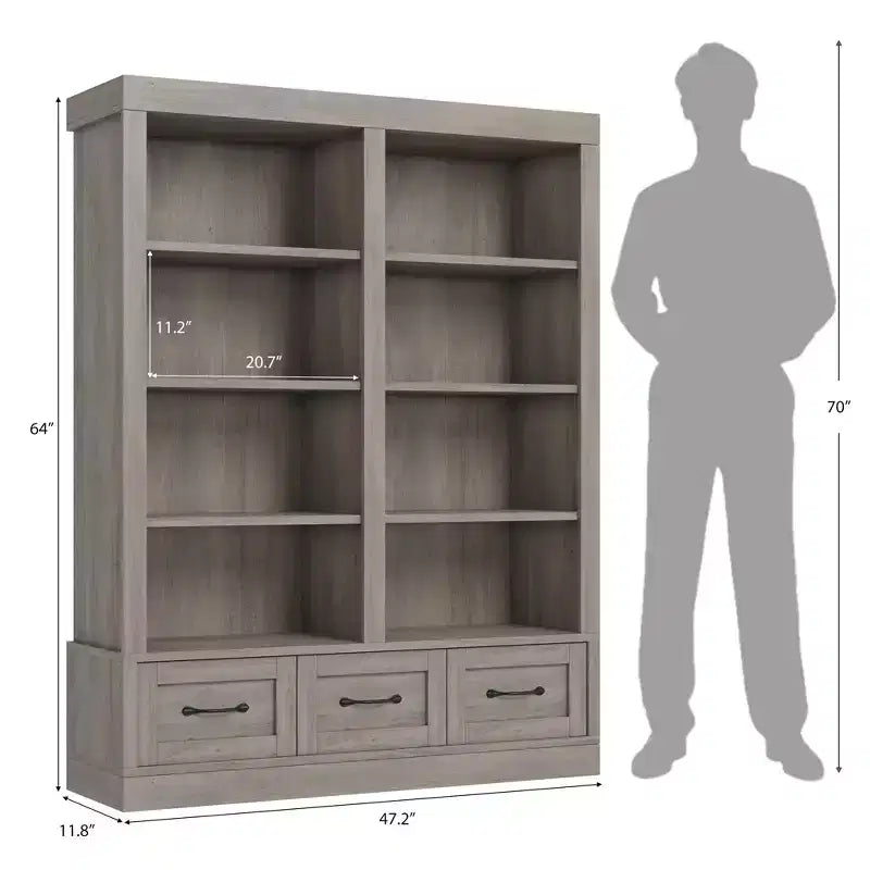 Étagère de 178 cm de haut avec 3 tiroirs de rangement, Bibliothèque haute avec double étagère ouverte à 3 niveaux, Grande bibliothèque profonde en bois