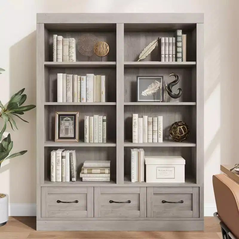 70 H Tall Bookcshelf with 3 Storage Drawers, Tall Bookcase w/ 3-Tier Double Wide Open Shelf, Large Storage Bookcase Wooden Deep Bookshelves