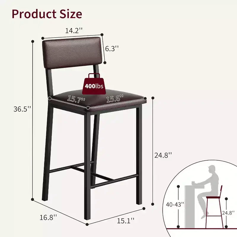 Acekool Lot de 2 tabourets de bar, tabourets hauteur comptoir avec dossier, cuir PU capitonné et pieds en métal épais, chaises d'îlot de cuisine