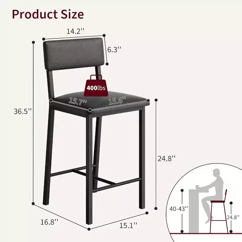 Acekool Lot de 2 tabourets de bar, tabourets hauteur comptoir avec dossier, cuir PU capitonné et pieds en métal épais, chaises d'îlot de cuisine