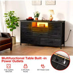 Meuble TV de 47,4 po avec prise de courant pour téléviseur de 55 po, commode de rangement à 8 tiroirs pour chambre à coucher, table console avec plateau en bois et 22 modes d'éclairage