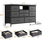 Meuble TV de 47,4 po avec prise de courant pour téléviseur de 55 po, commode de rangement à 8 tiroirs pour chambre à coucher, table console avec plateau en bois et 22 modes d'éclairage