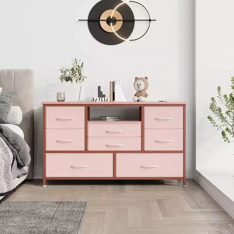 Meuble TV de 47,4 po avec prise de courant pour téléviseur de 55 po, commode de rangement à 8 tiroirs pour chambre à coucher, table console avec plateau en bois et 22 modes d'éclairage