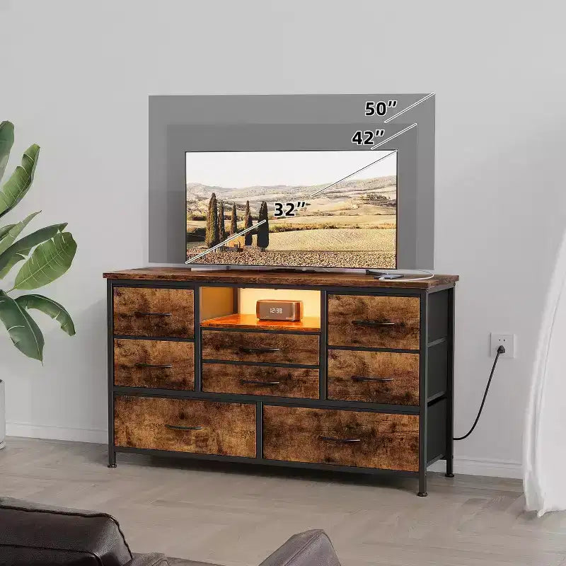 Meuble TV de 47,4 po avec prise de courant pour téléviseur de 55 po, commode de rangement à 8 tiroirs pour chambre à coucher, table console avec plateau en bois et 22 modes d'éclairage