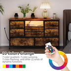 Meuble TV de 47,4 po avec prise de courant pour téléviseur de 55 po, commode de rangement à 8 tiroirs pour chambre à coucher, table console avec plateau en bois et 22 modes d'éclairage