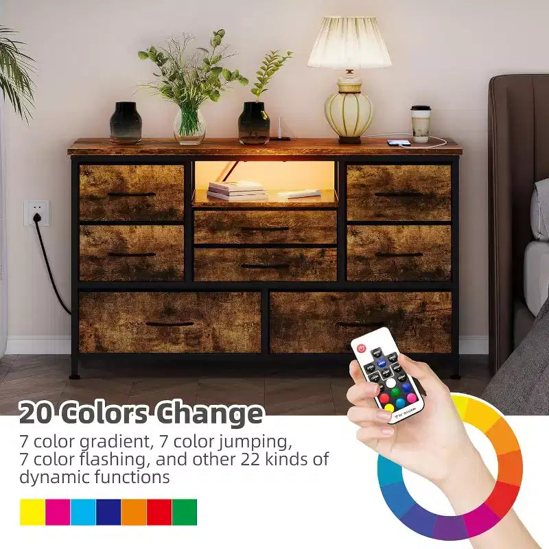 Meuble TV de 47,4 po avec prise de courant pour téléviseur de 55 po, commode de rangement à 8 tiroirs pour chambre à coucher, table console avec plateau en bois et 22 modes d'éclairage