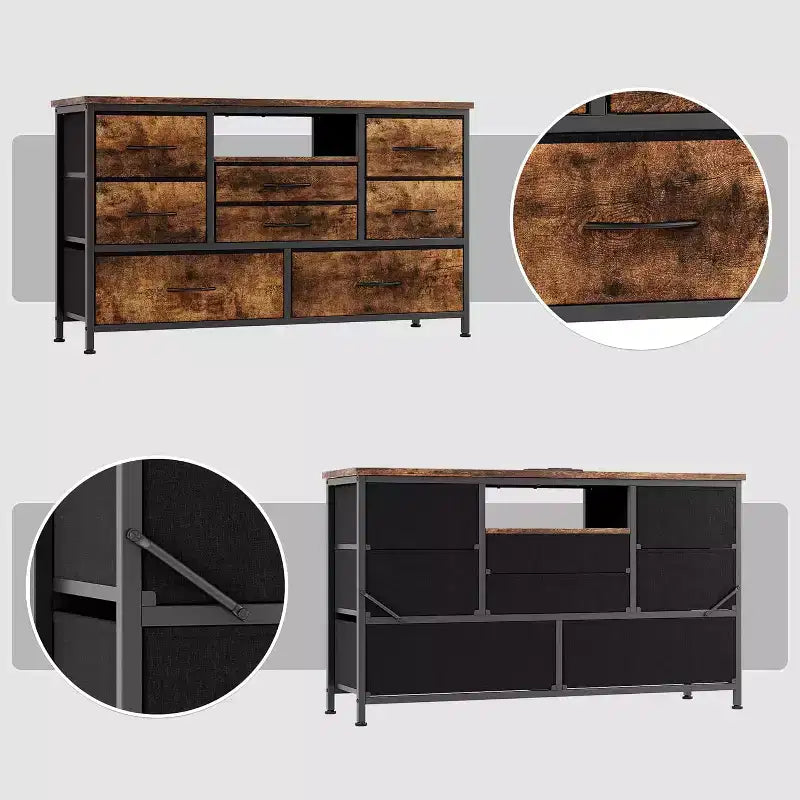 Meuble TV de 47,4 po avec prise de courant pour téléviseur de 55 po, commode de rangement à 8 tiroirs pour chambre à coucher, table console avec plateau en bois et 22 modes d'éclairage