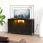 Meuble TV de 47,4 po avec prise de courant pour téléviseur de 55 po, commode de rangement à 8 tiroirs pour chambre à coucher, table console avec plateau en bois et 22 modes d'éclairage