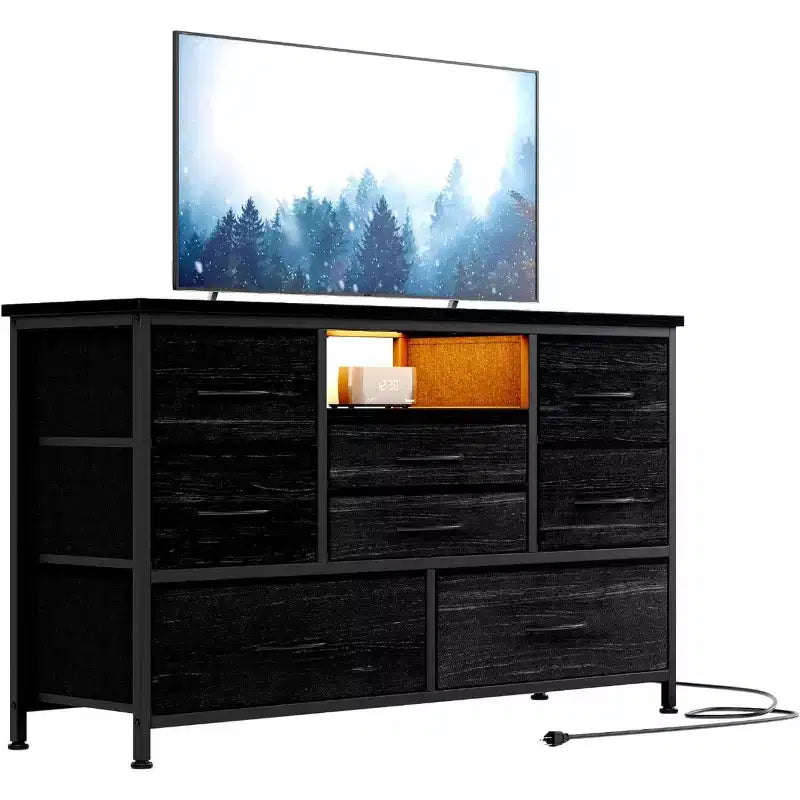 Meuble TV de 47,4 po avec prise de courant pour téléviseur de 55 po, commode de rangement à 8 tiroirs pour chambre à coucher, table console avec plateau en bois et 22 modes d'éclairage