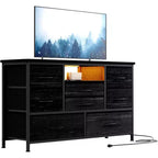 Meuble TV de 47,4 po avec prise de courant pour téléviseur de 55 po, commode de rangement à 8 tiroirs pour chambre à coucher, table console avec plateau en bois et 22 modes d'éclairage