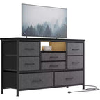 Meuble TV de 47,4 po avec prise de courant pour téléviseur de 55 po, commode de rangement à 8 tiroirs pour chambre à coucher, table console avec plateau en bois et 22 modes d'éclairage