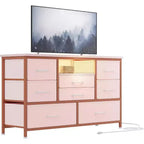 Meuble TV de 47,4 po avec prise de courant pour téléviseur de 55 po, commode de rangement à 8 tiroirs pour chambre à coucher, table console avec plateau en bois et 22 modes d'éclairage