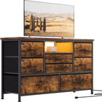 Meuble TV de 47,4 po avec prise de courant pour téléviseur de 55 po, commode de rangement à 8 tiroirs pour chambre à coucher, table console avec plateau en bois et 22 modes d'éclairage