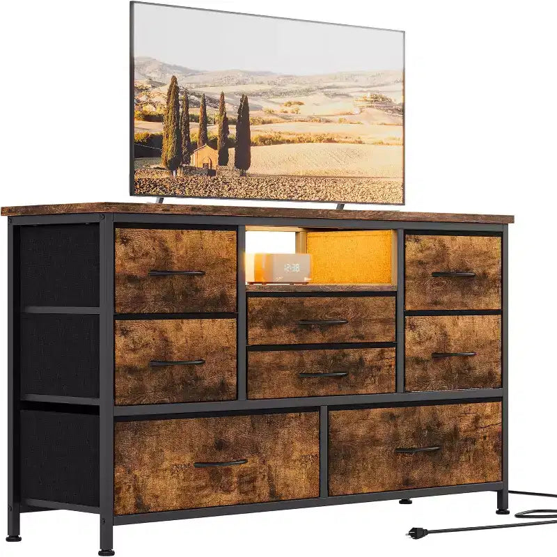 Meuble TV de 47,4 po avec prise de courant pour téléviseur de 55 po, commode de rangement à 8 tiroirs pour chambre à coucher, table console avec plateau en bois et 22 modes d'éclairage