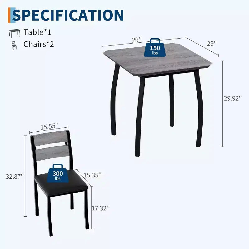 Ensemble table à manger 3 pièces, avec structure métallique et plateau en bois