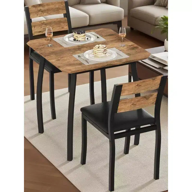 Ensemble table à manger 3 pièces, avec structure métallique et plateau en bois