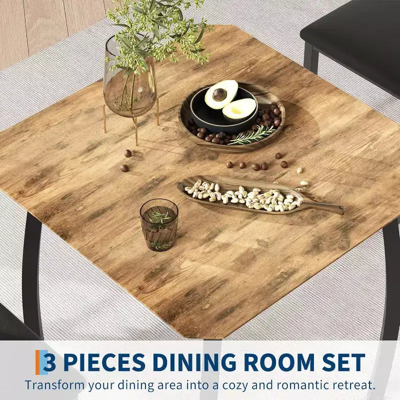 Ensemble table à manger 3 pièces, avec structure métallique et plateau en bois