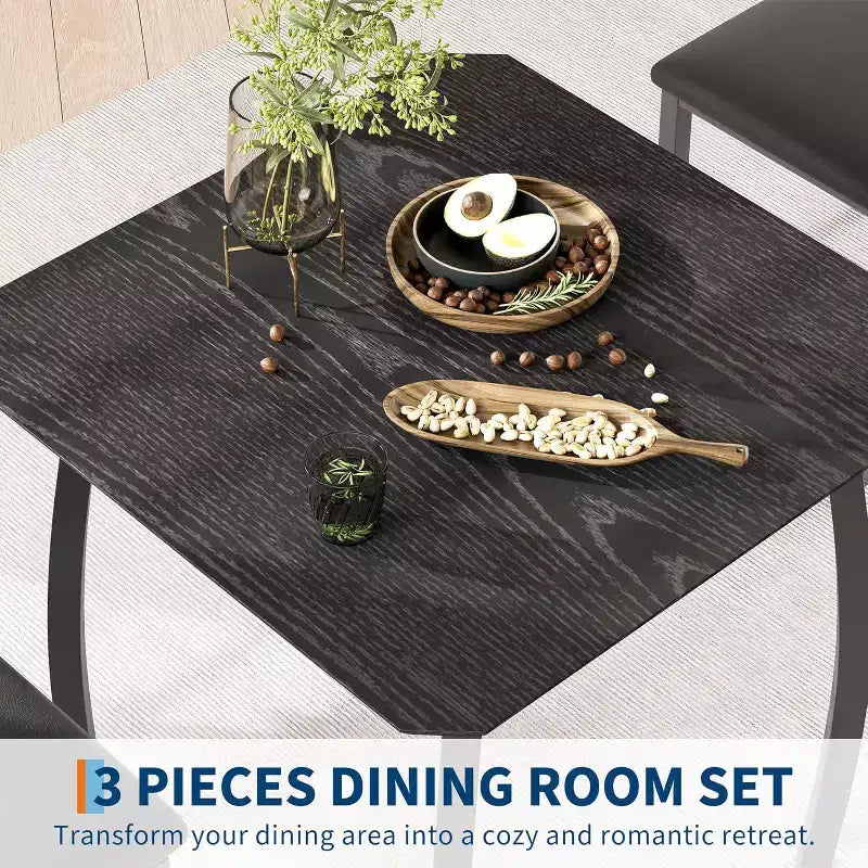 Ensemble table à manger 3 pièces, avec structure métallique et plateau en bois