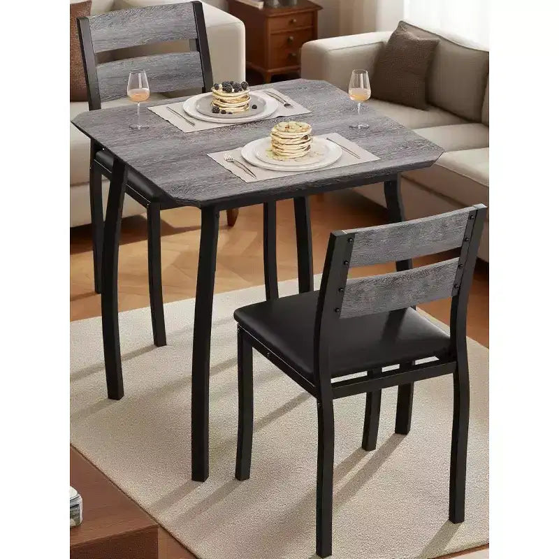 Ensemble table à manger 3 pièces, avec structure métallique et plateau en bois