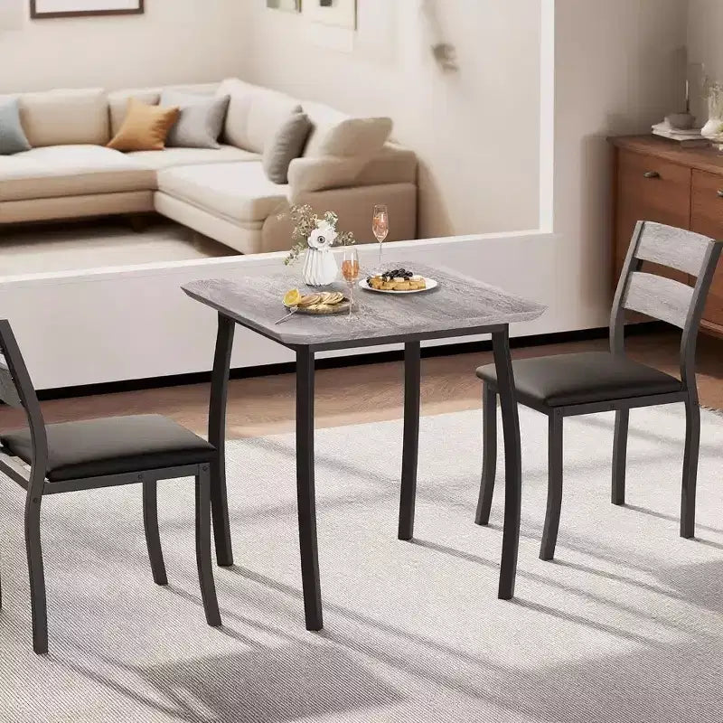 Ensemble table à manger 3 pièces, avec structure métallique et plateau en bois