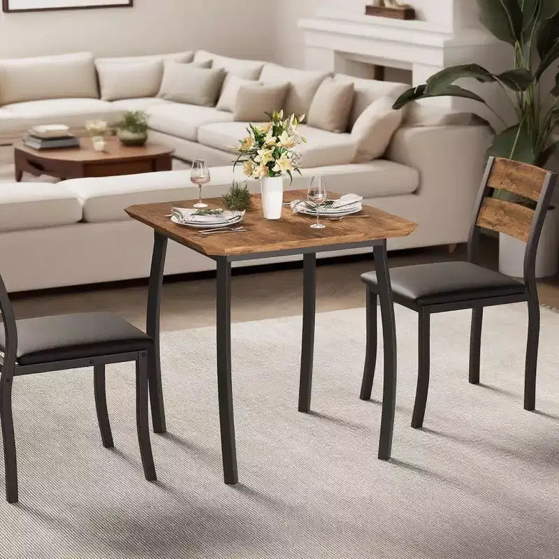 Ensemble table à manger 3 pièces, avec structure métallique et plateau en bois