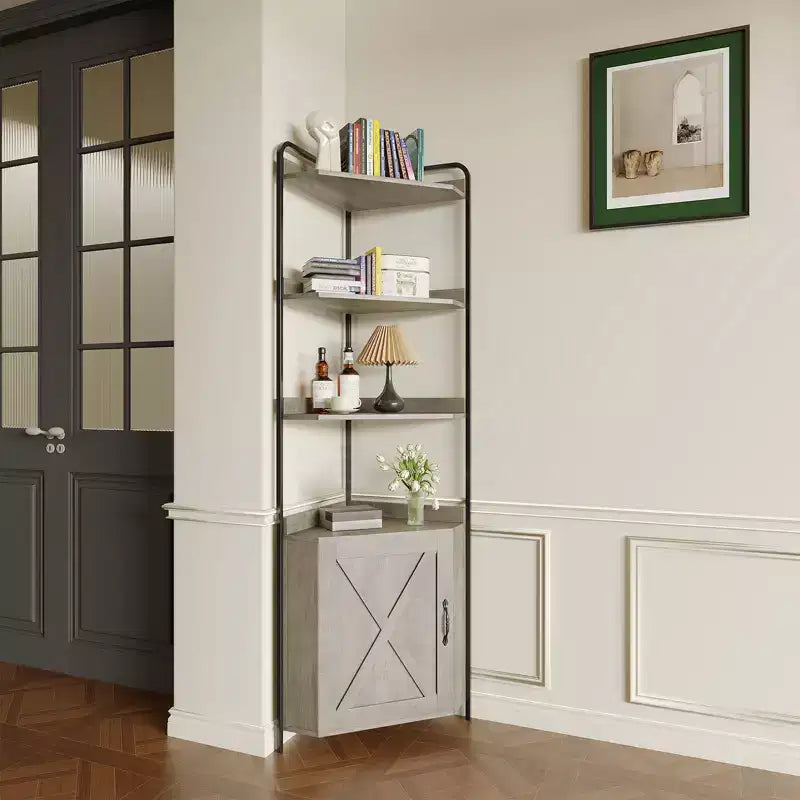 Étagère d'angle haute de 70,9 po avec armoire, meuble de rangement rustique, bibliothèque industrielle, support à plantes pour salon